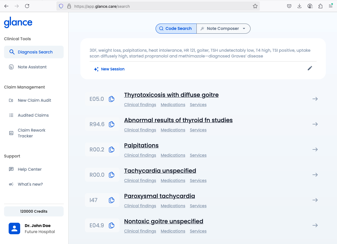 9 Glance Moramiz Screenshot Example Showing the AI-powered ICD-10-AM code suggestions